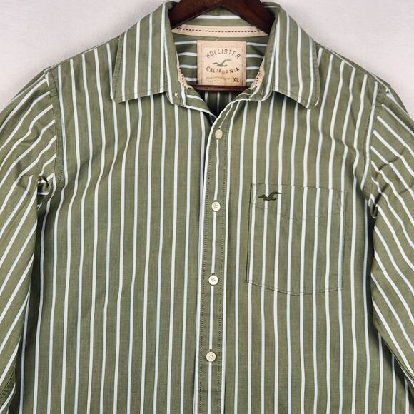 Hollister Men's Cotton Stiped Button Down Shirt SZ XL Green/White EUC - Picture 4 of 16